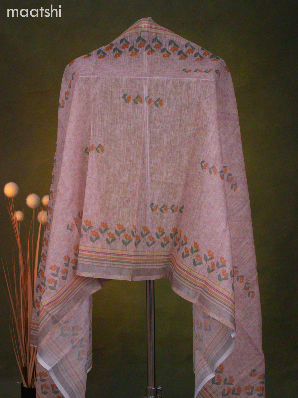 Linen cotton dress material peach shade with floral prints & kantha stitch work and bottom & dupatta