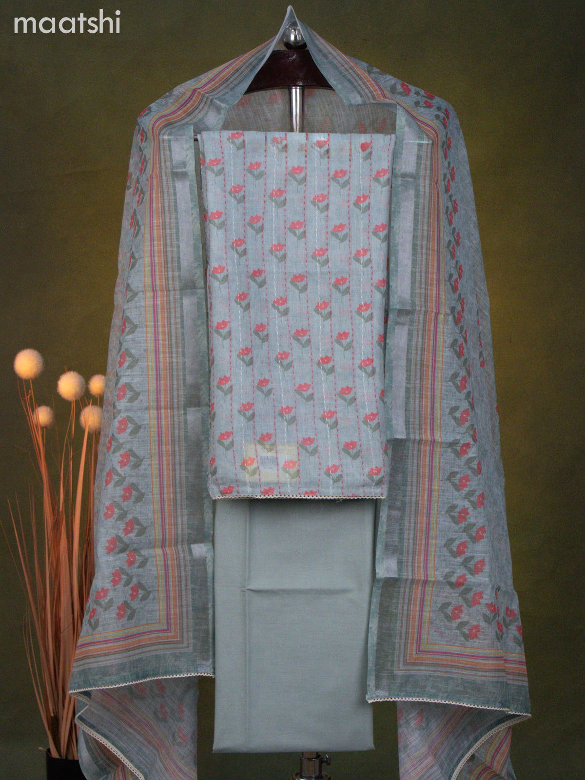 Linen cotton dress material pastel green with floral prints & kantha stitch work and bottom & dupatta