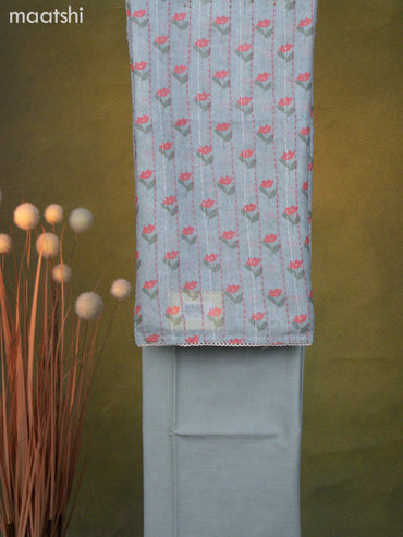 Linen cotton dress material pastel green with floral prints & kantha stitch work and bottom & dupatta