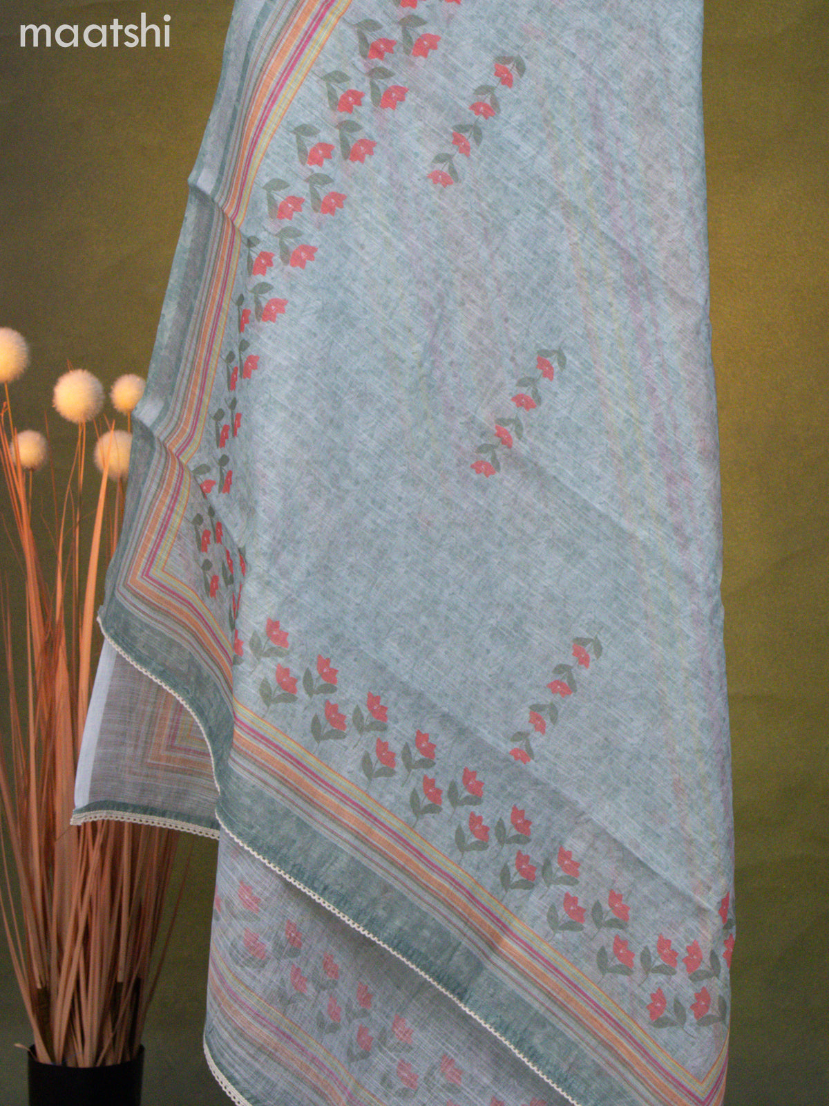 Linen cotton dress material pastel green with floral prints & kantha stitch work and bottom & dupatta