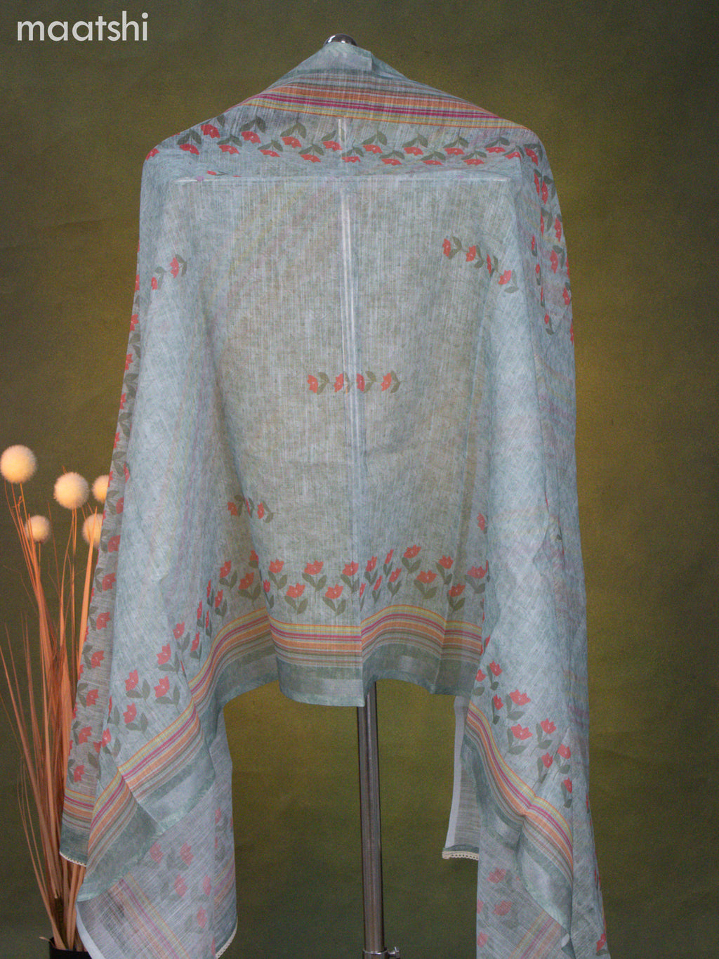 Linen cotton dress material pastel green with floral prints & kantha stitch work and bottom & dupatta