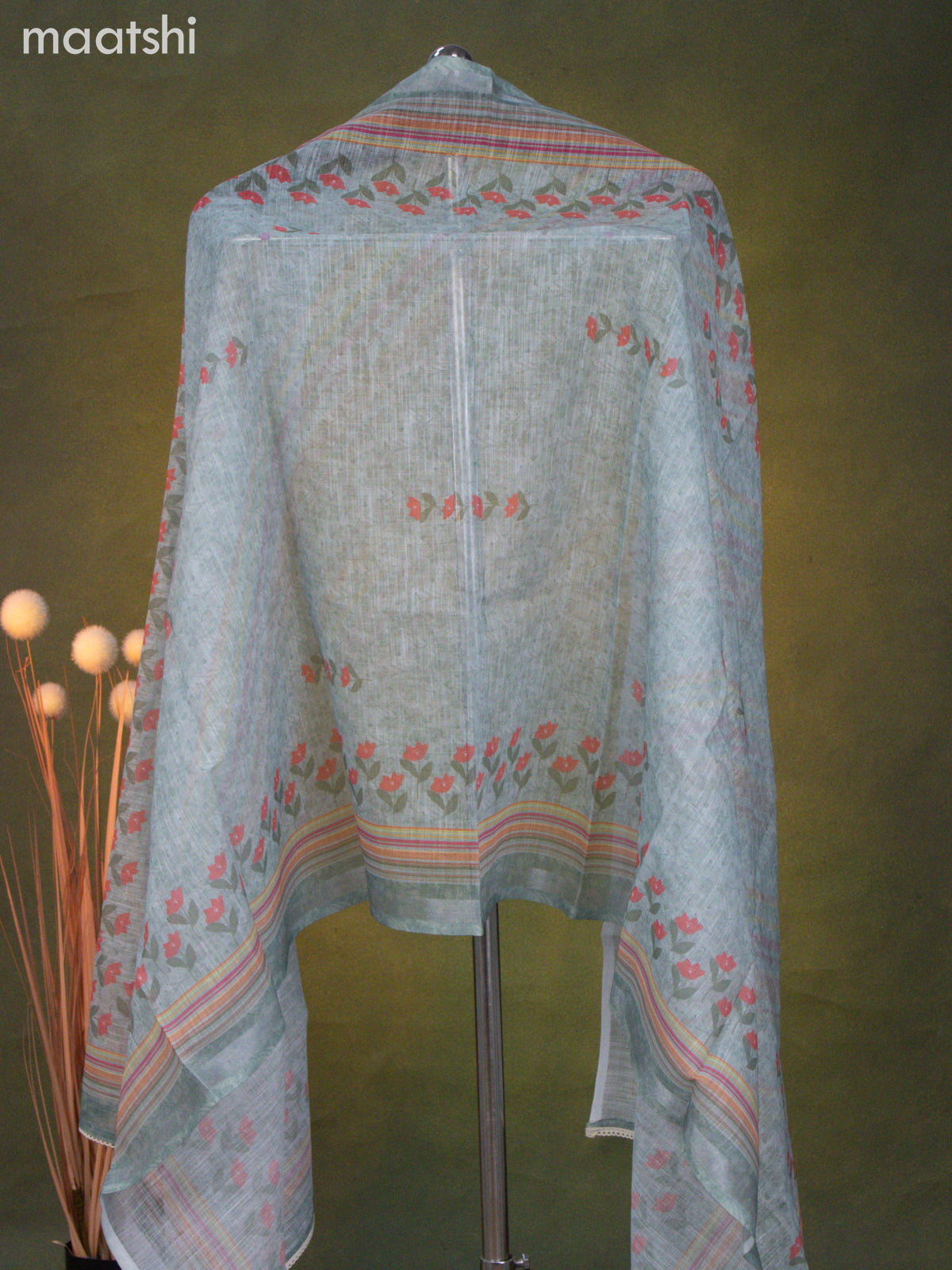 Linen cotton dress material pastel green with floral prints & kantha stitch work and bottom & dupatta
