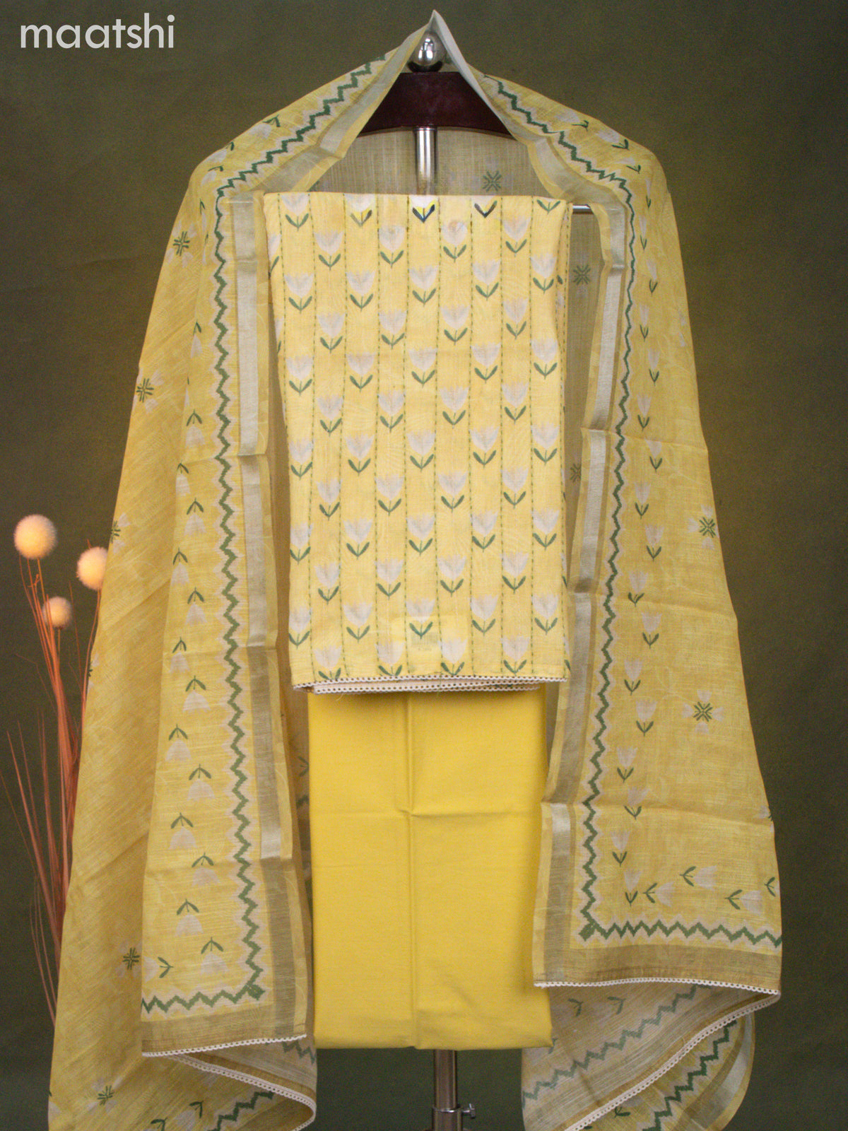 Linen cotton dress material yellow shade with floral prints & kantha stitch work and bottom & dupatta