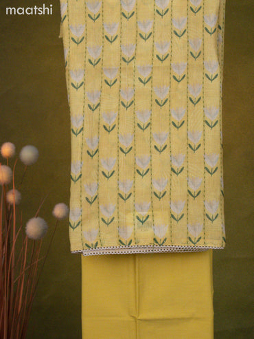 Linen cotton dress material yellow shade with floral prints & kantha stitch work and bottom & dupatta