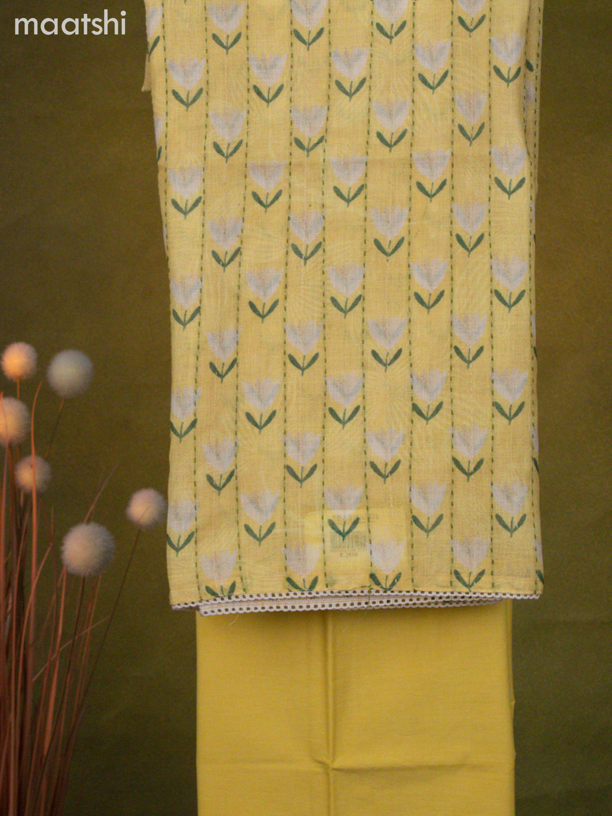 Linen cotton dress material yellow shade with floral prints & kantha stitch work and bottom & dupatta