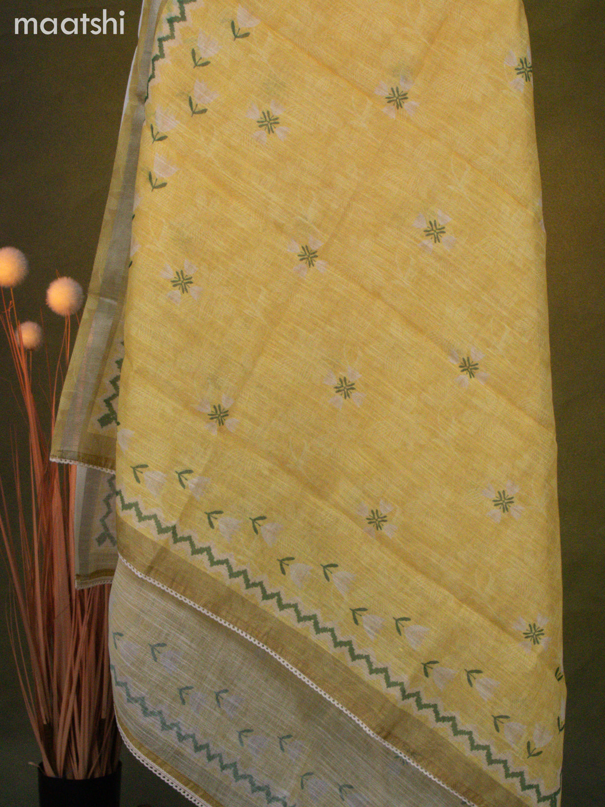 Linen cotton dress material yellow shade with floral prints & kantha stitch work and bottom & dupatta