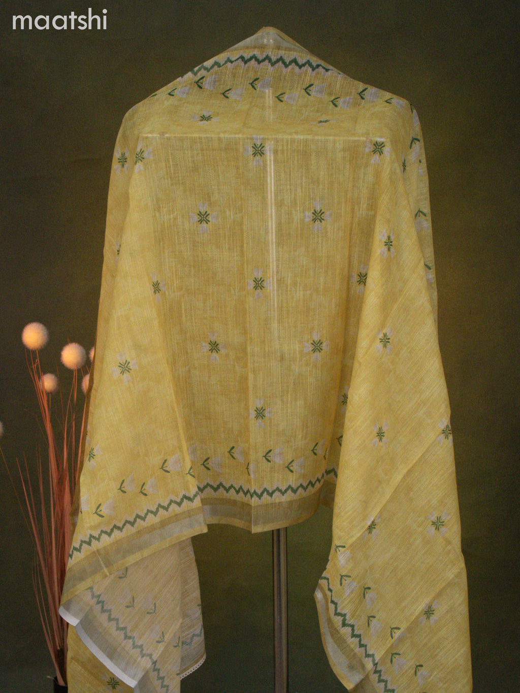 Linen cotton dress material yellow shade with floral prints & kantha stitch work and bottom & dupatta