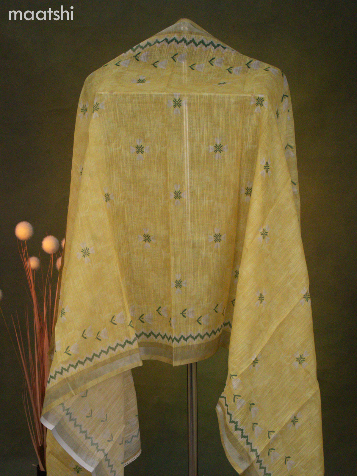 Linen cotton dress material yellow shade with floral prints & kantha stitch work and bottom & dupatta
