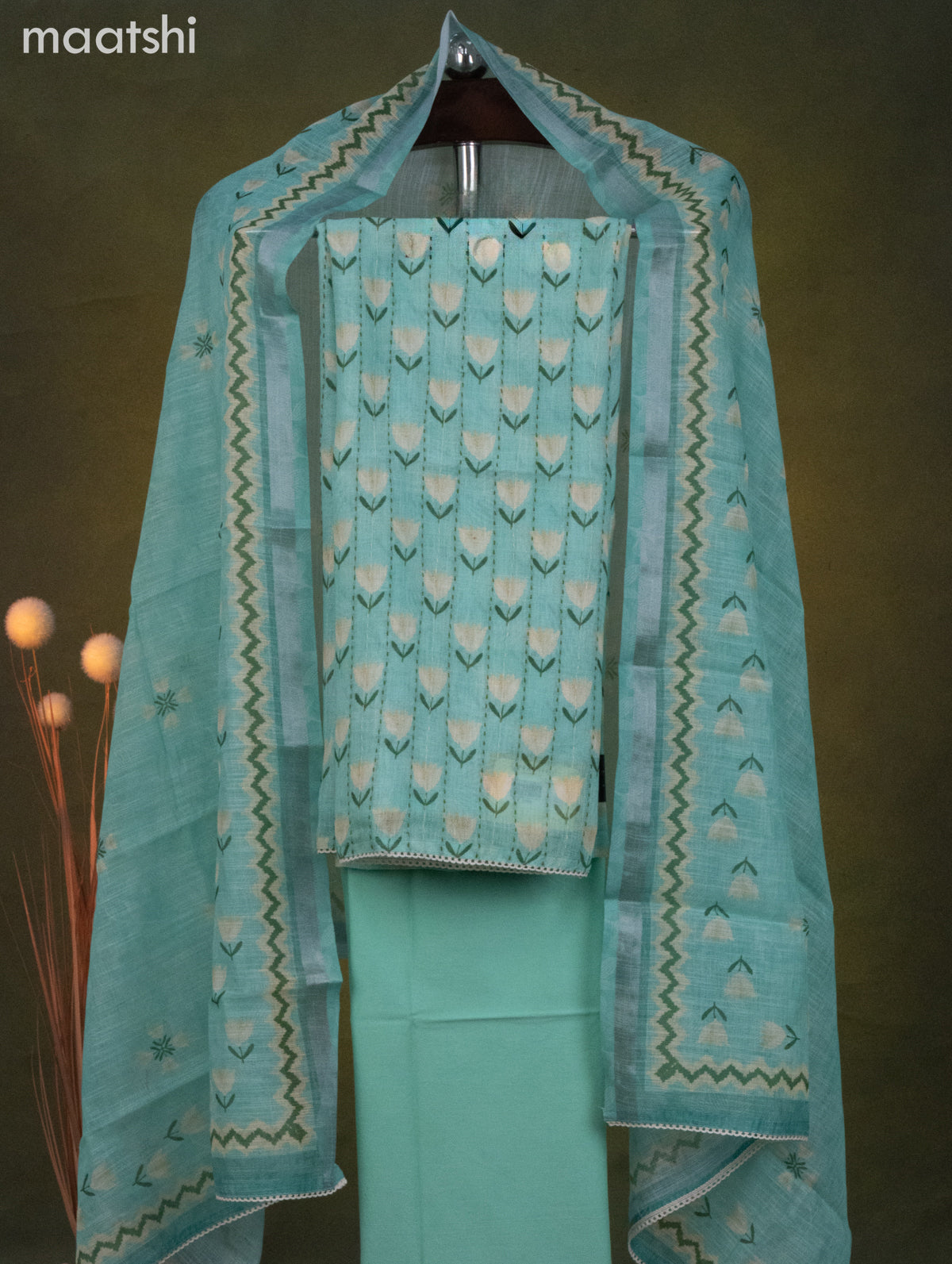 Linen cotton dress material teal green shade with floral prints & kantha stitch work and bottom & dupatta