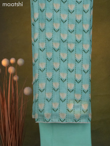 Linen cotton dress material teal green shade with floral prints & kantha stitch work and bottom & dupatta