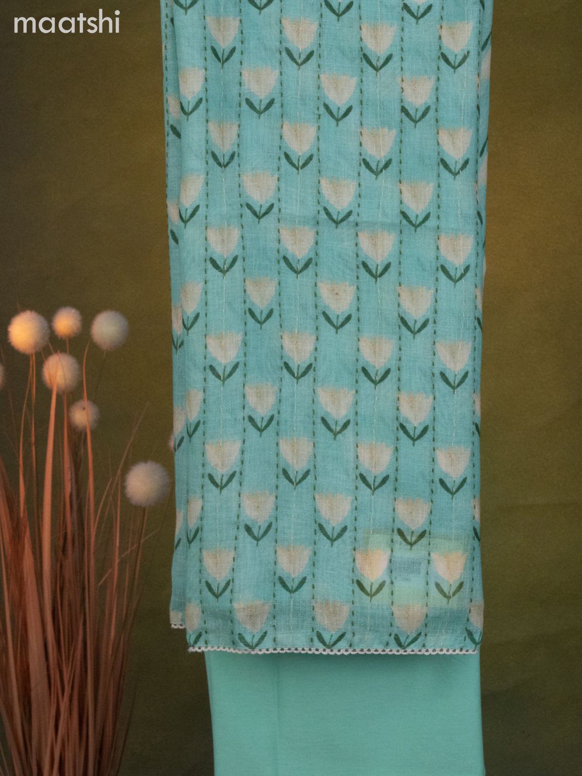 Linen cotton dress material teal green shade with floral prints & kantha stitch work and bottom & dupatta