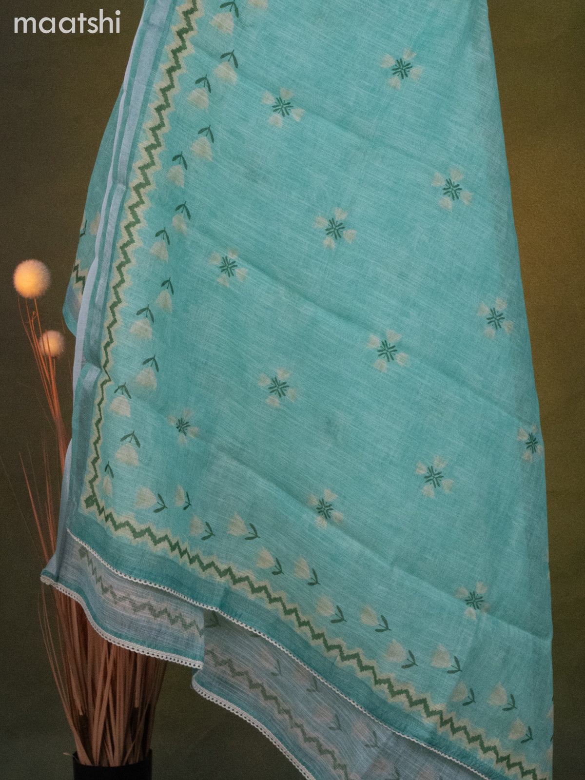 Linen cotton dress material teal green shade with floral prints & kantha stitch work and bottom & dupatta