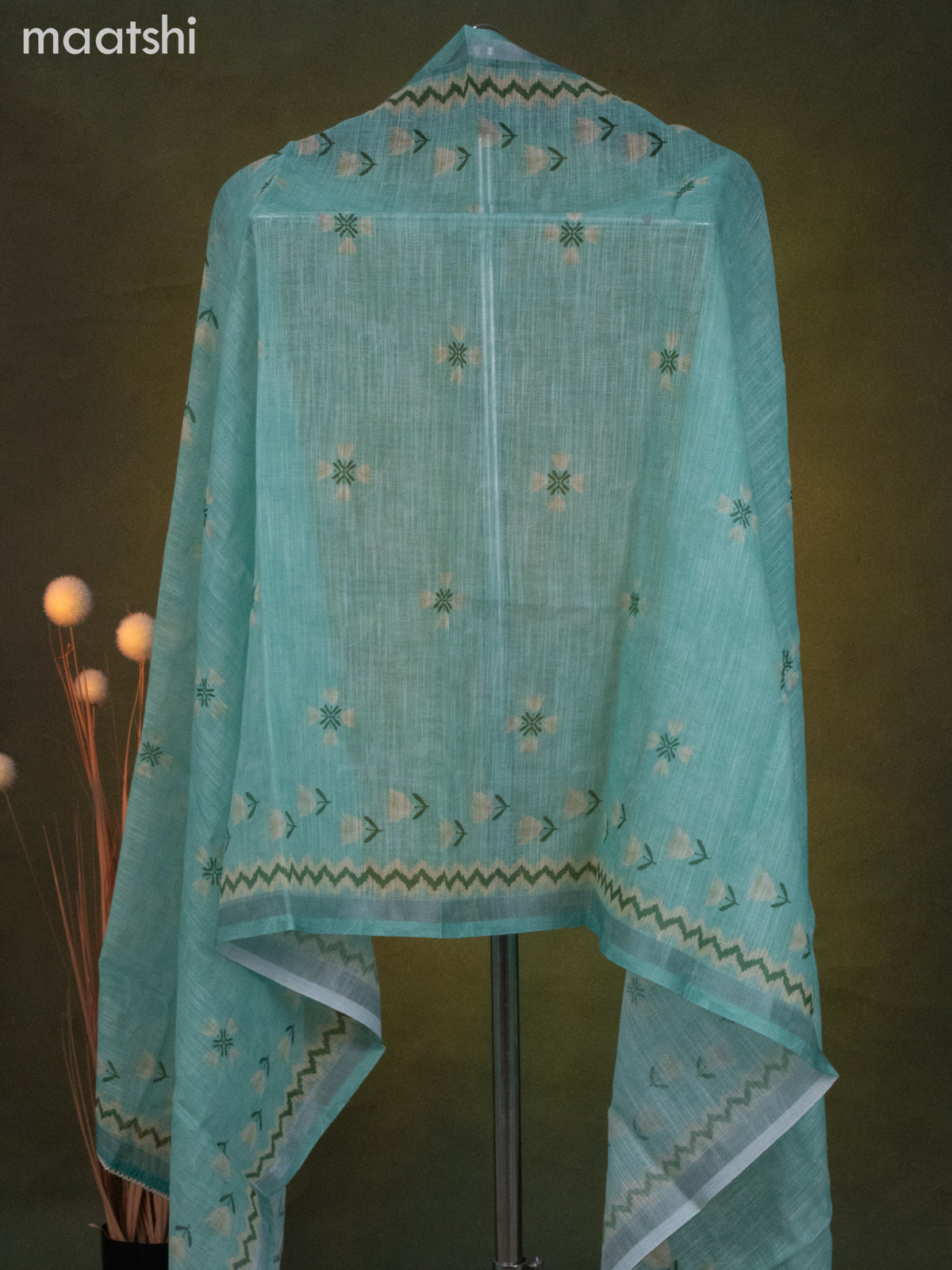 Linen cotton dress material teal green shade with floral prints & kantha stitch work and bottom & dupatta