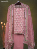 Linen cotton dress material peach pink with floral prints & kantha stitch work and bottom & dupatta