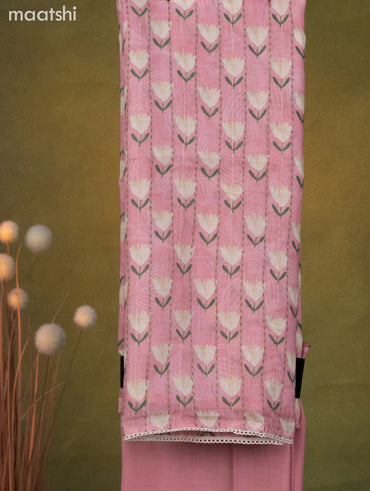 Linen cotton dress material peach pink with floral prints & kantha stitch work and bottom & dupatta