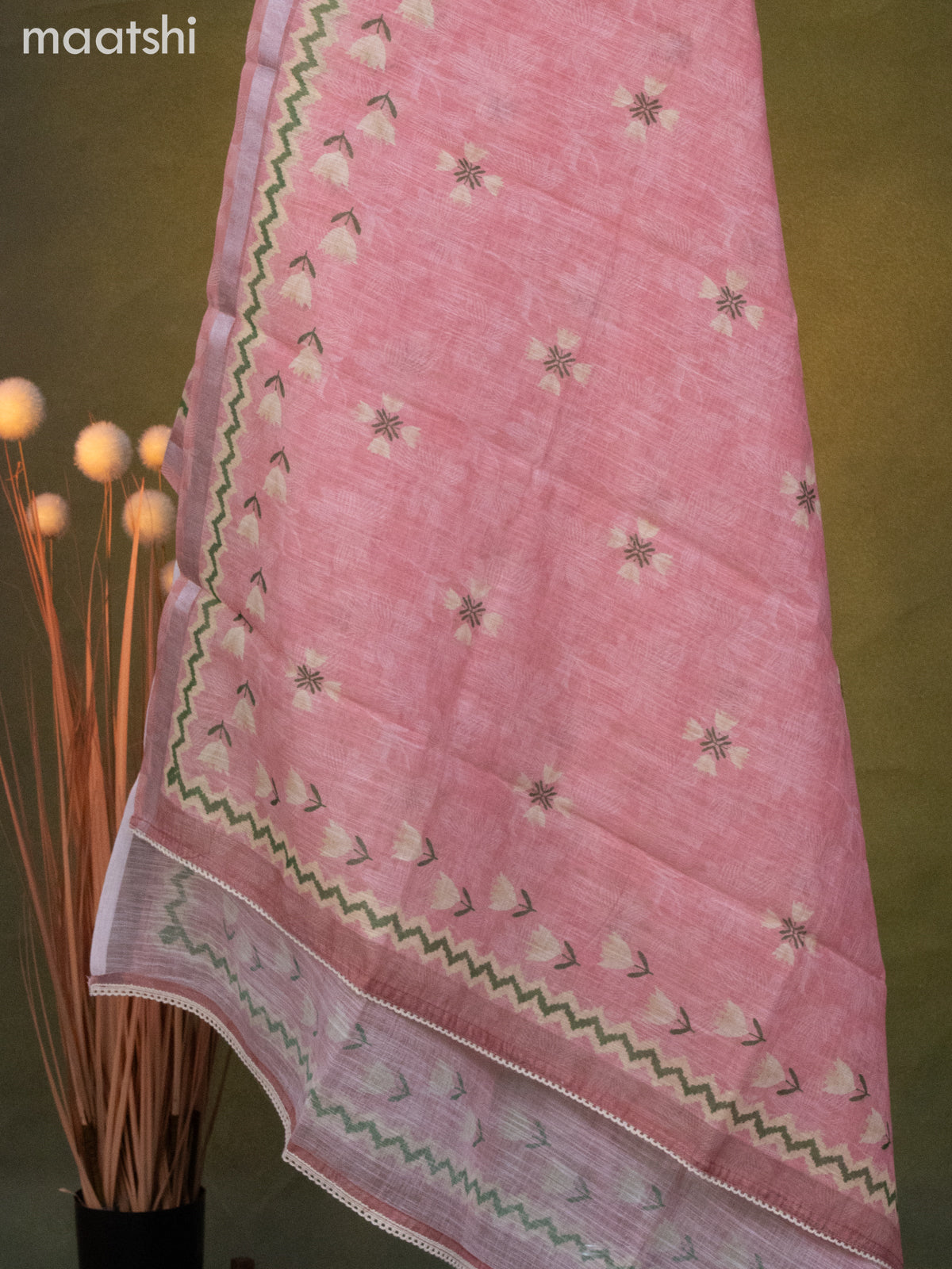 Linen cotton dress material peach pink with floral prints & kantha stitch work and bottom & dupatta