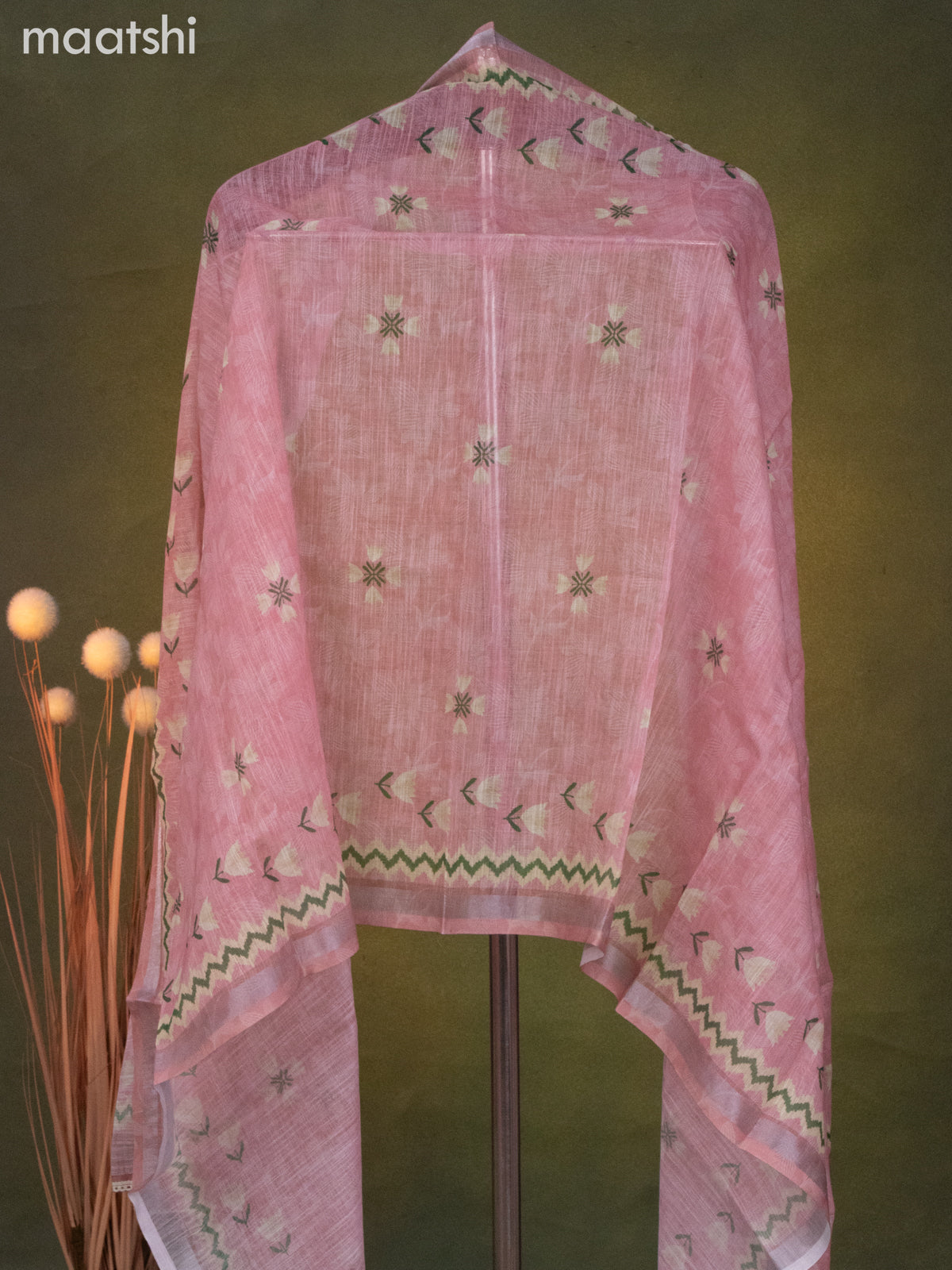 Linen cotton dress material peach pink with floral prints & kantha stitch work and bottom & dupatta