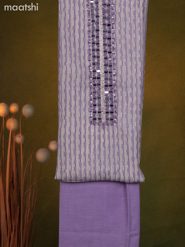 Linen cotton dress material cream and lavender shade with allover prints & embroidery mirror work neck pattern and bottom & dupatta