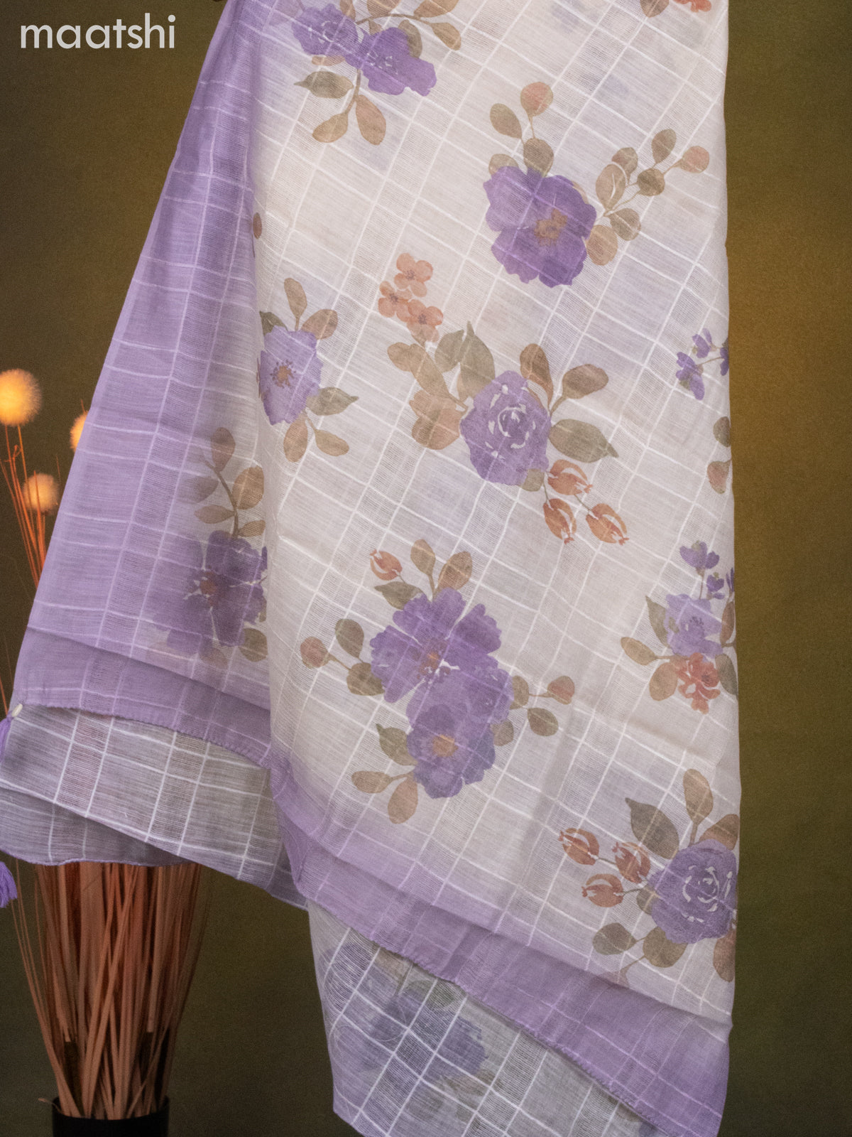 Linen cotton dress material cream and lavender shade with allover prints & embroidery mirror work neck pattern and bottom & dupatta