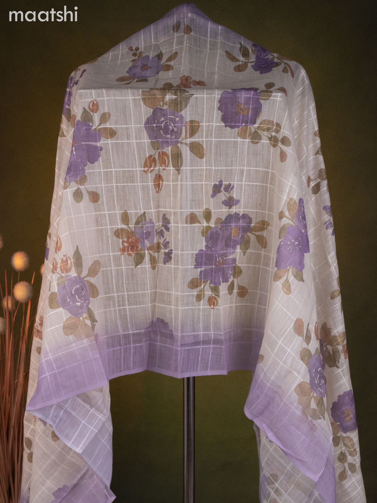 Linen cotton dress material cream and lavender shade with allover prints & embroidery mirror work neck pattern and bottom & dupatta
