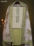 Linen cotton dress material cream and pastel green with allover prints & embroidery mirror work neck pattern and bottom & dupatta