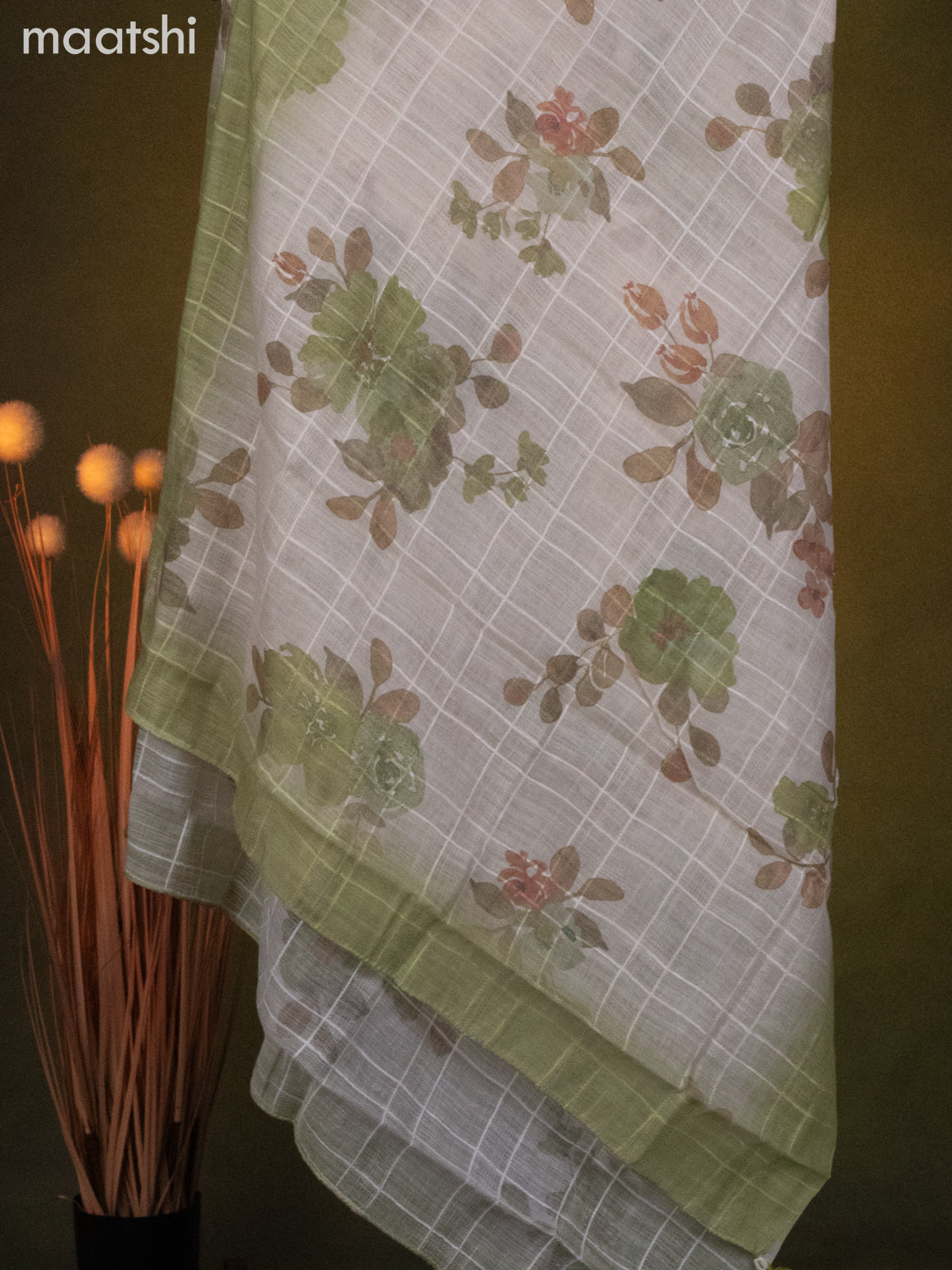 Linen cotton dress material cream and pastel green with allover prints & embroidery mirror work neck pattern and bottom & dupatta