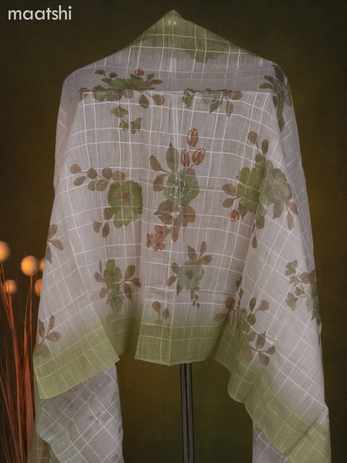 Linen cotton dress material cream and pastel green with allover prints & embroidery mirror work neck pattern and bottom & dupatta