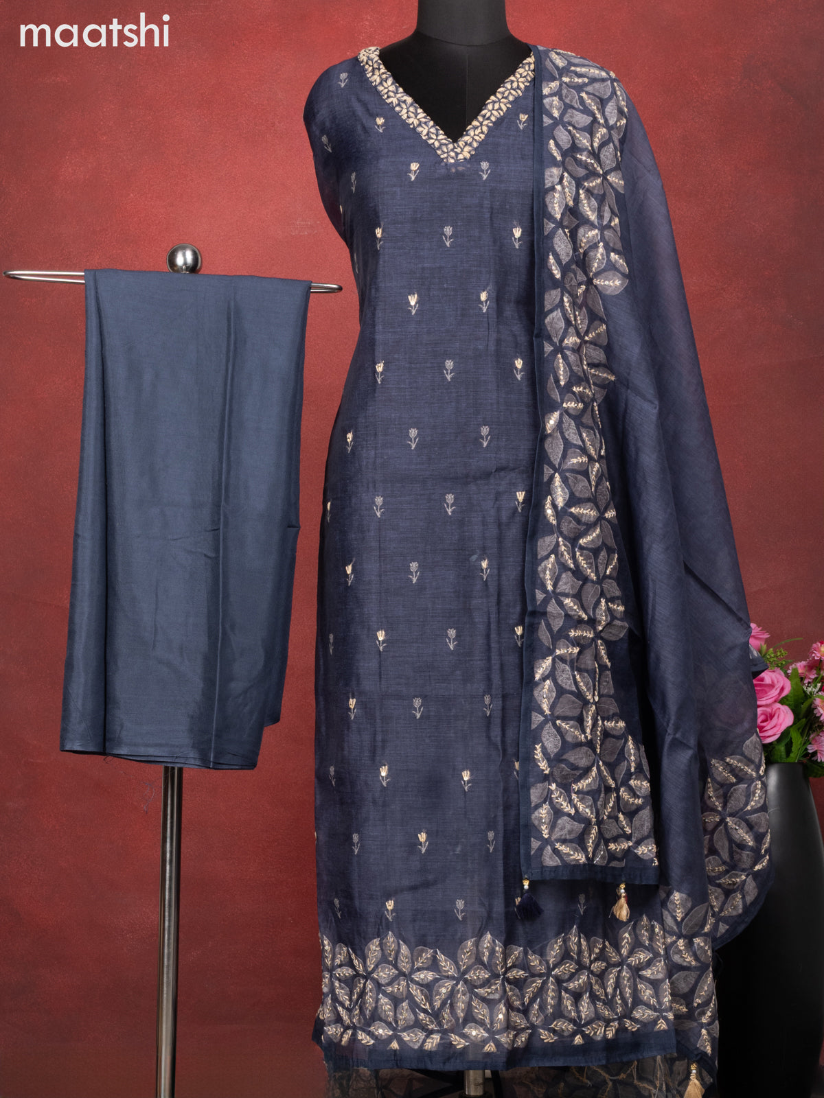 Chanderi dress material dark grey with kantha stitch work and bottom & kantha stitch work dupatta
