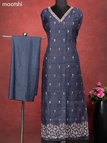 Chanderi dress material dark grey with kantha stitch work and bottom & kantha stitch work dupatta
