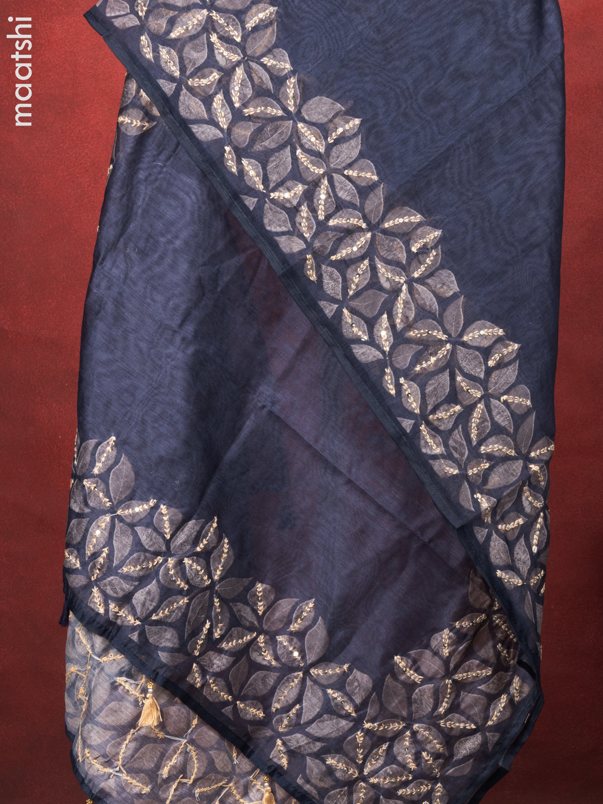 Chanderi dress material dark grey with kantha stitch work and bottom & kantha stitch work dupatta