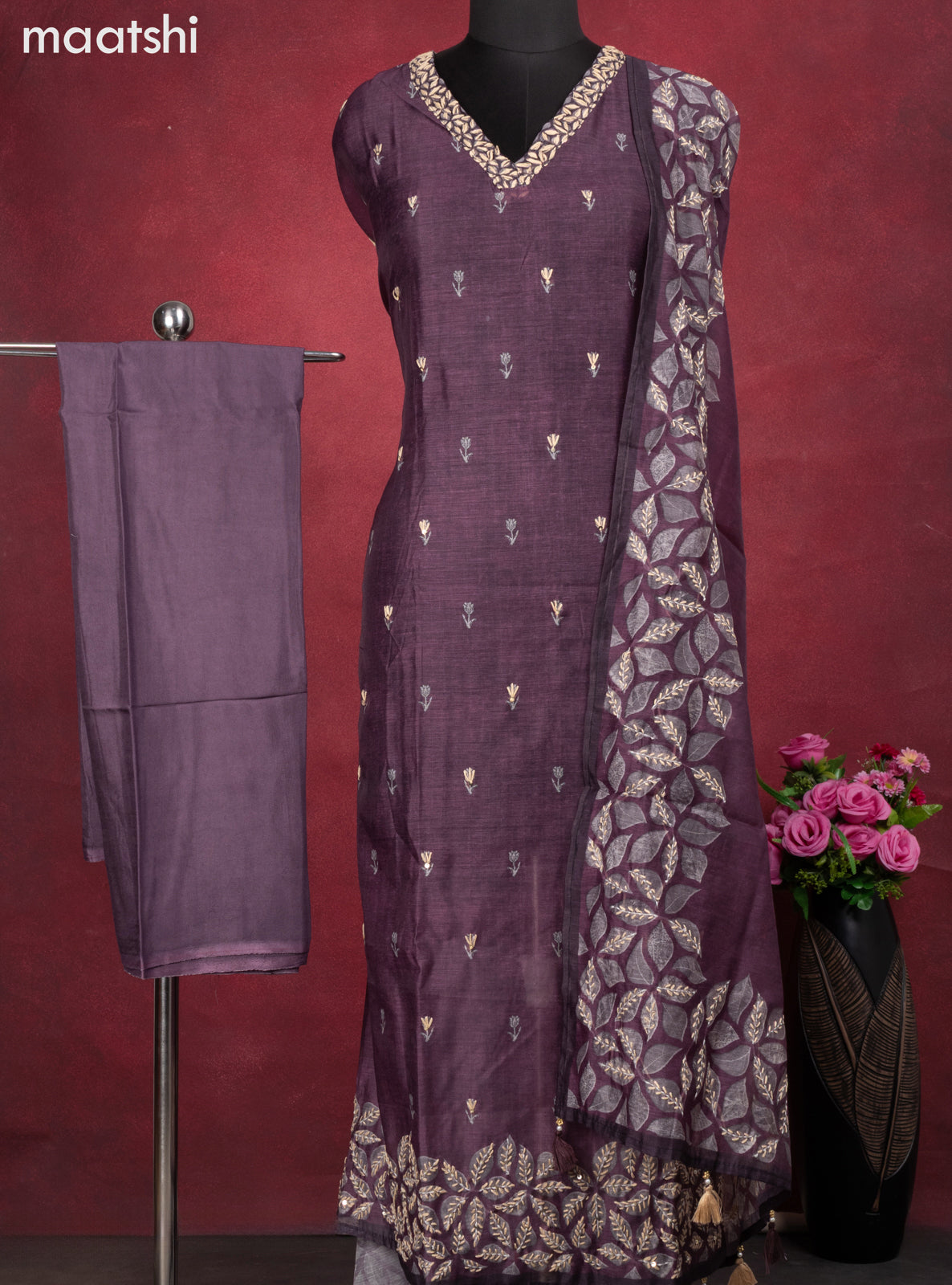 Chanderi dress material wine shade with kantha stitch work and bottom & kantha stitch work dupatta