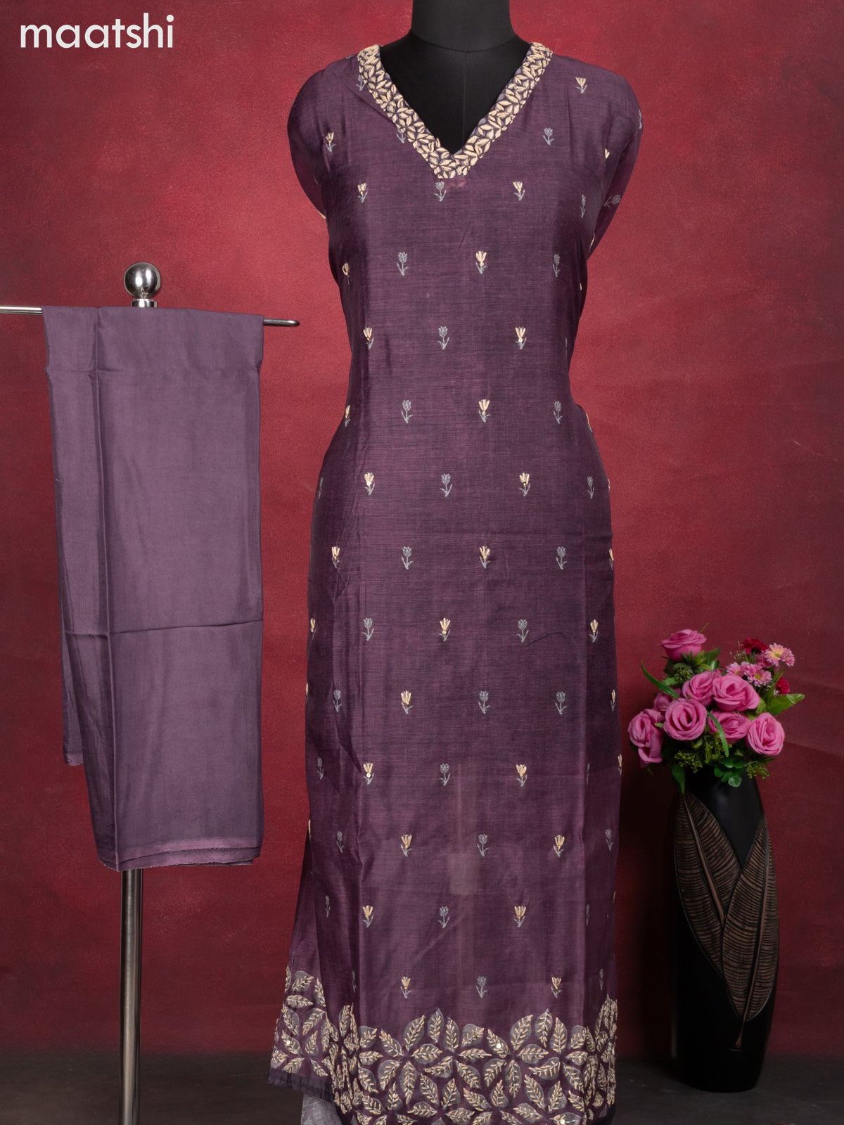 Chanderi dress material wine shade with kantha stitch work and bottom & kantha stitch work dupatta