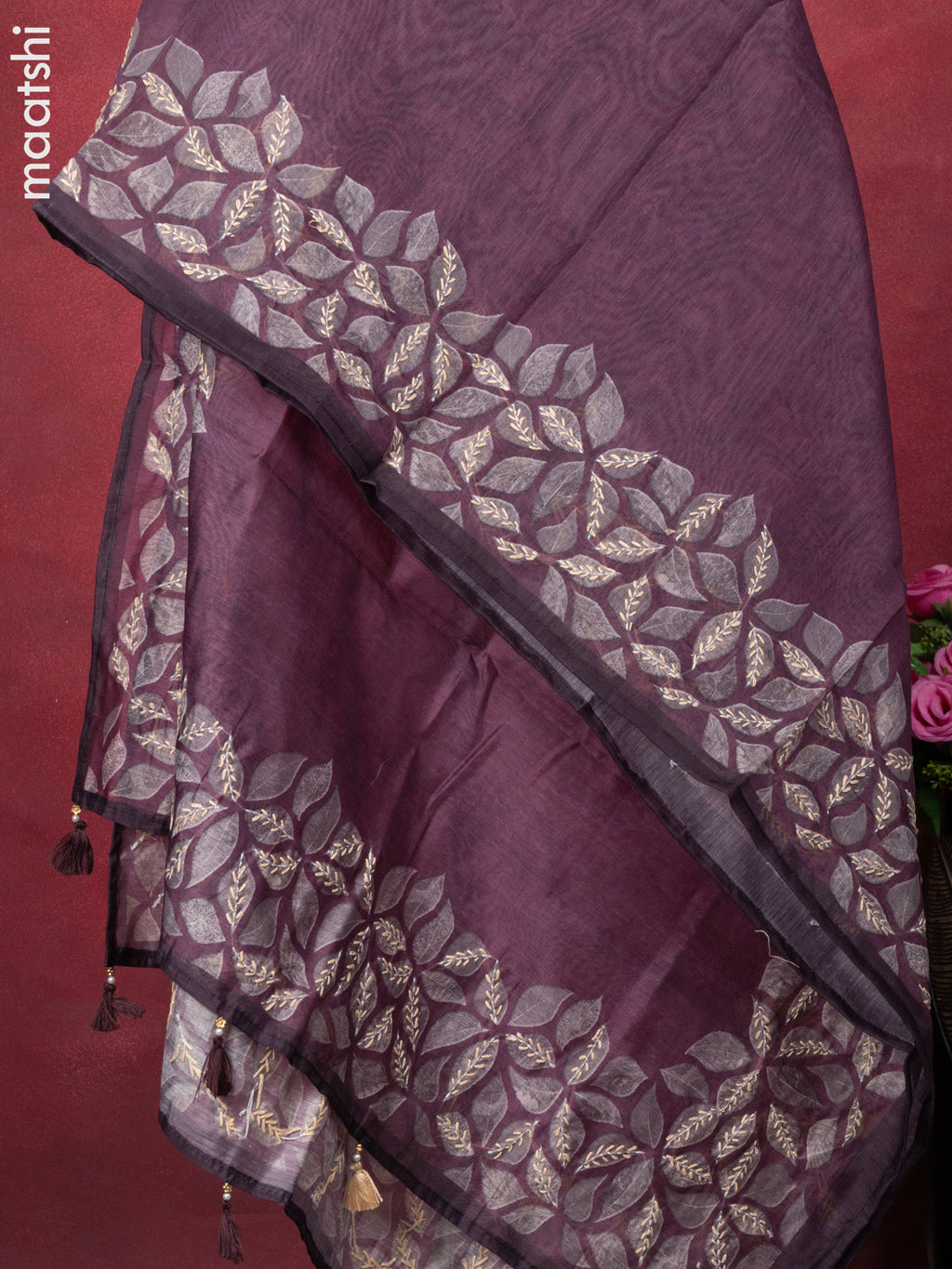 Chanderi dress material wine shade with kantha stitch work and bottom & kantha stitch work dupatta