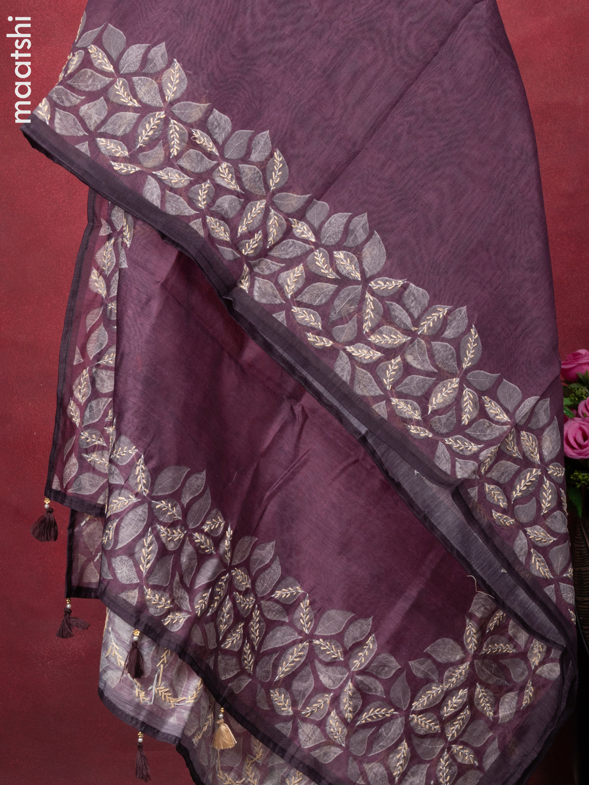 Chanderi dress material wine shade with kantha stitch work and bottom & kantha stitch work dupatta