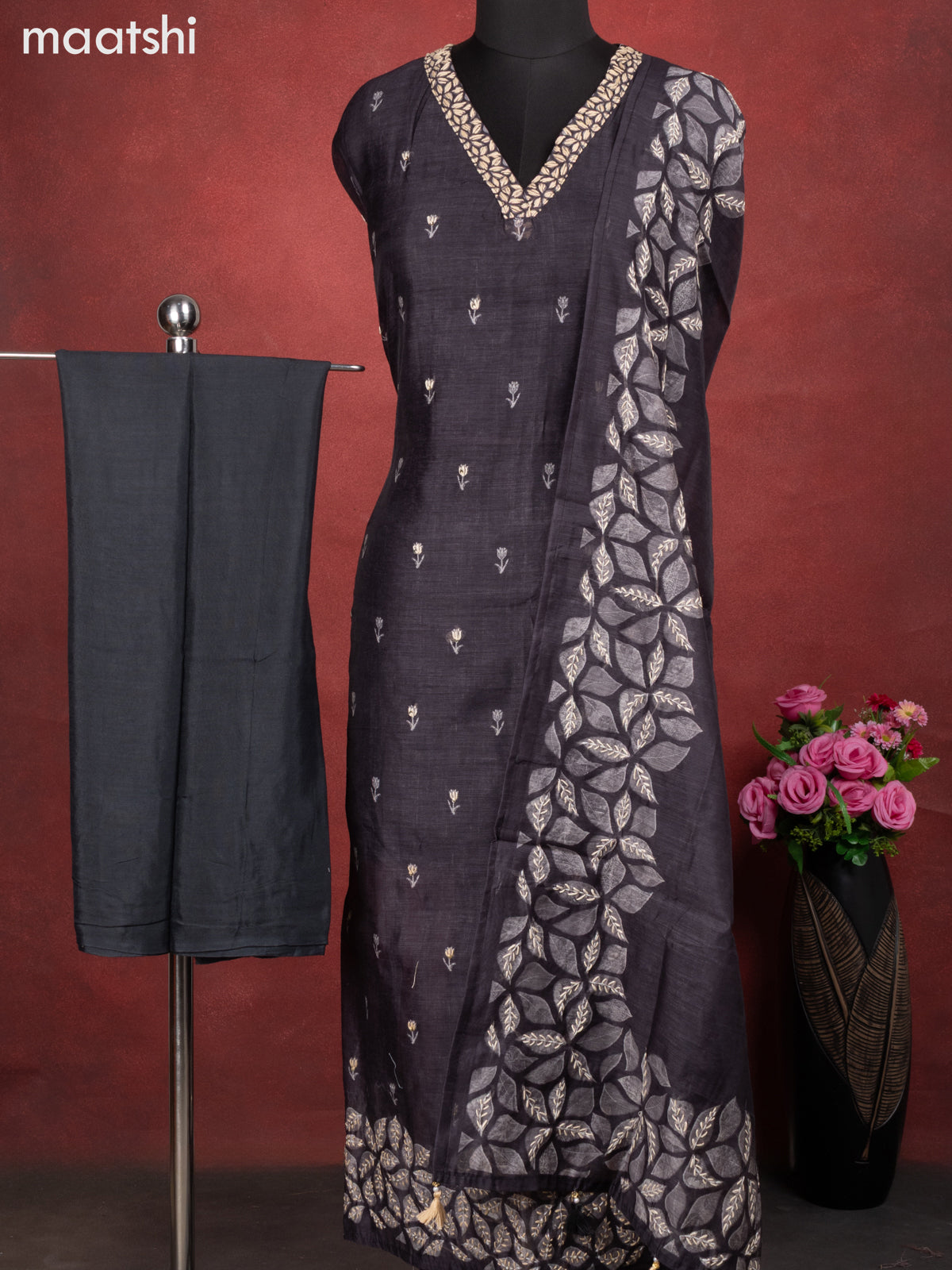 Chanderi dress material elephant grey with kantha stitch work and bottom & kantha stitch work dupatta