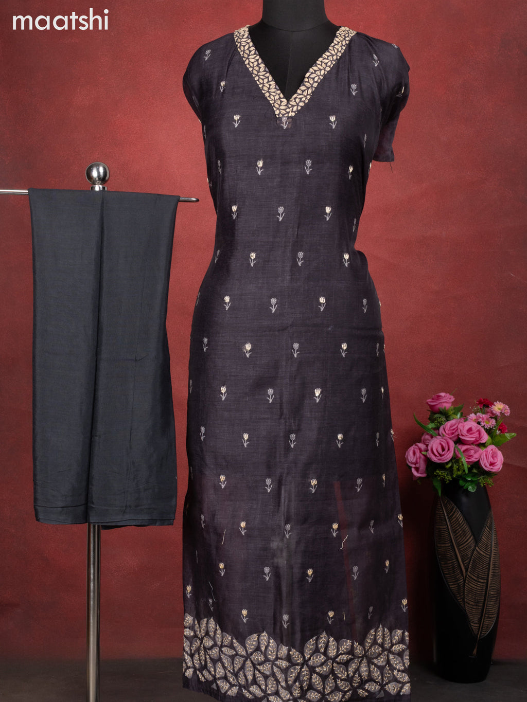Chanderi dress material elephant grey with kantha stitch work and bottom & kantha stitch work dupatta
