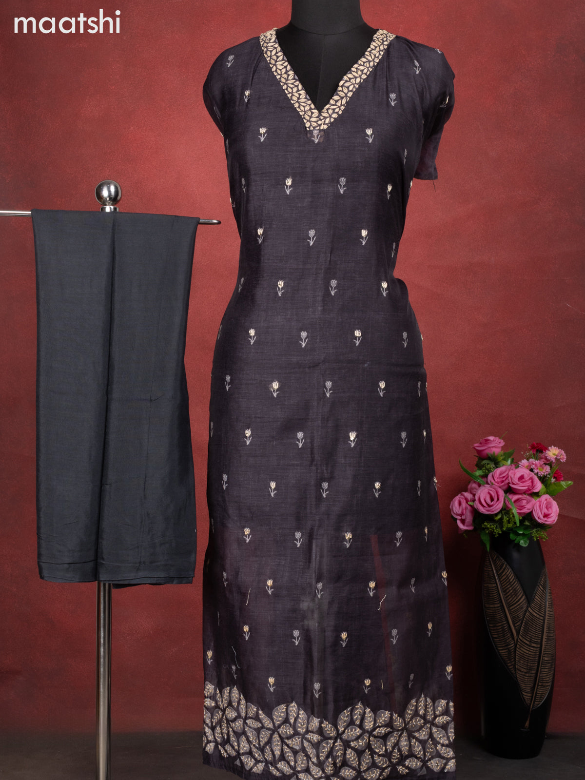 Chanderi dress material elephant grey with kantha stitch work and bottom & kantha stitch work dupatta