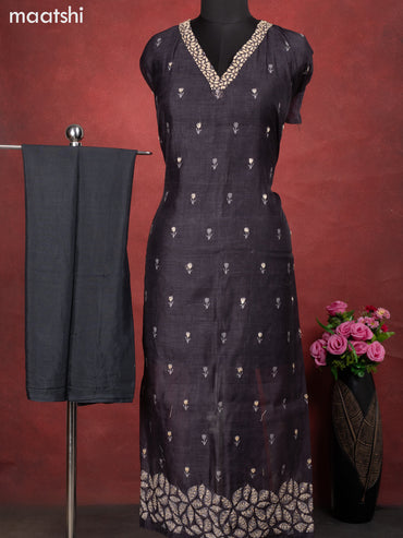 Chanderi dress material elephant grey with kantha stitch work and bottom & kantha stitch work dupatta