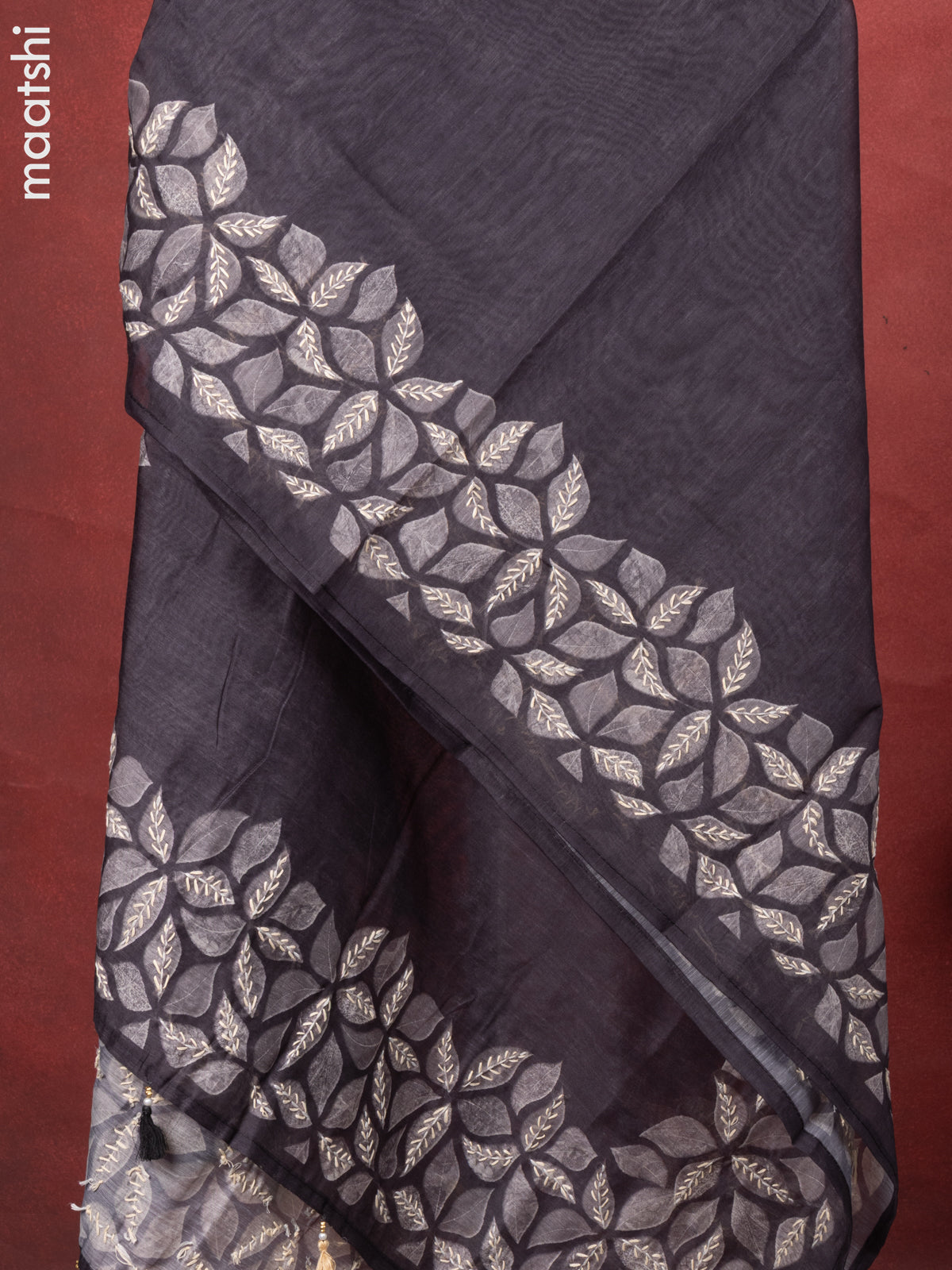 Chanderi dress material elephant grey with kantha stitch work and bottom & kantha stitch work dupatta