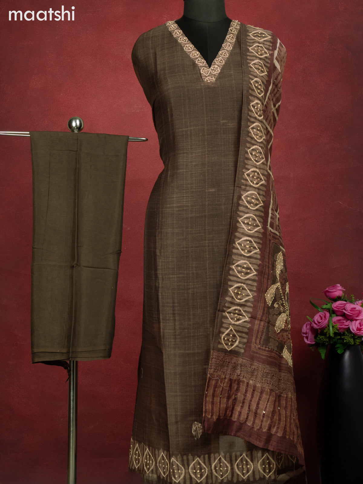 Chanderi dress material dark brown shade with kantha stitch work and bottom & kantha stitch work dupatta