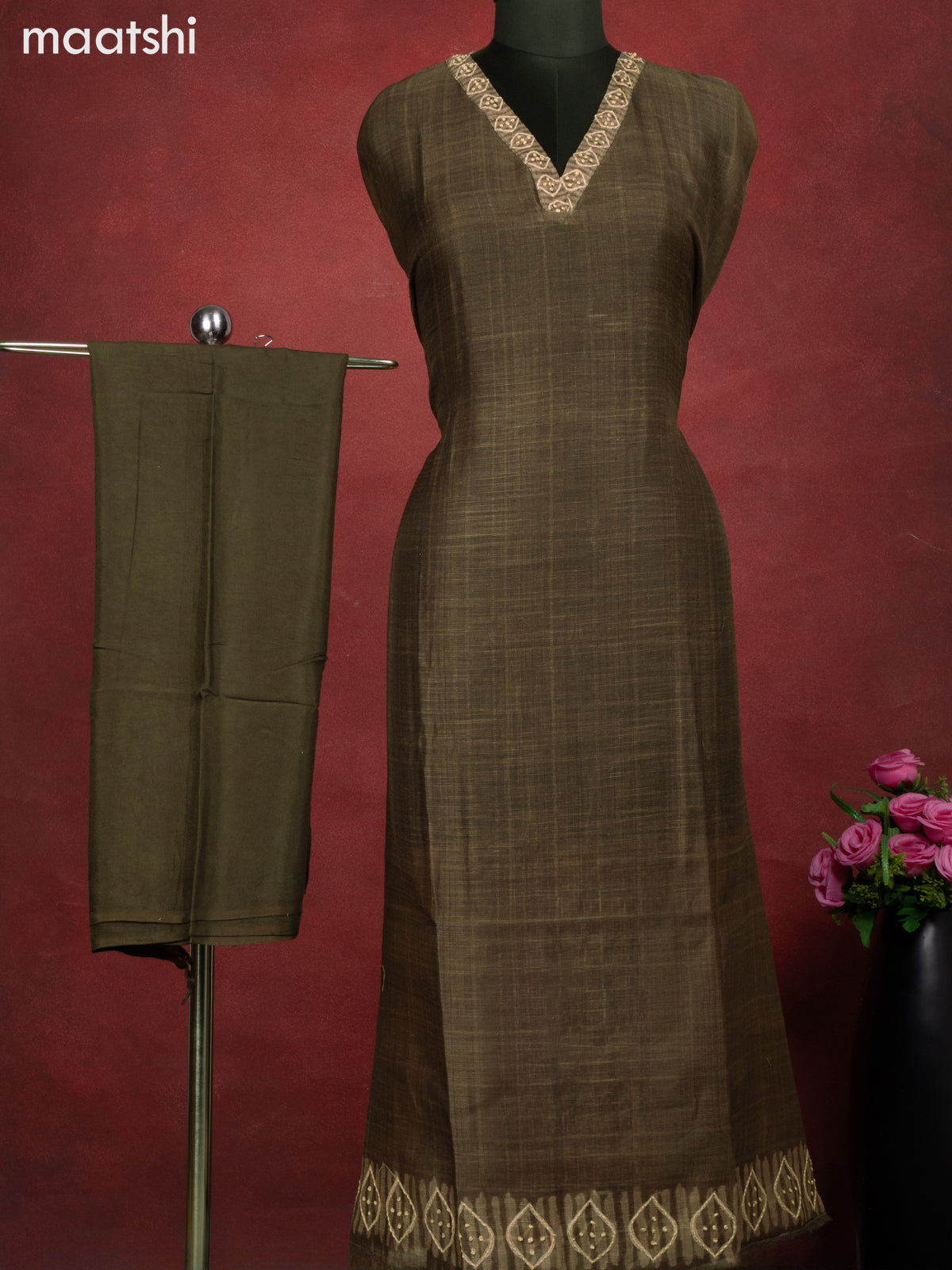 Chanderi dress material dark brown shade with kantha stitch work and bottom & kantha stitch work dupatta