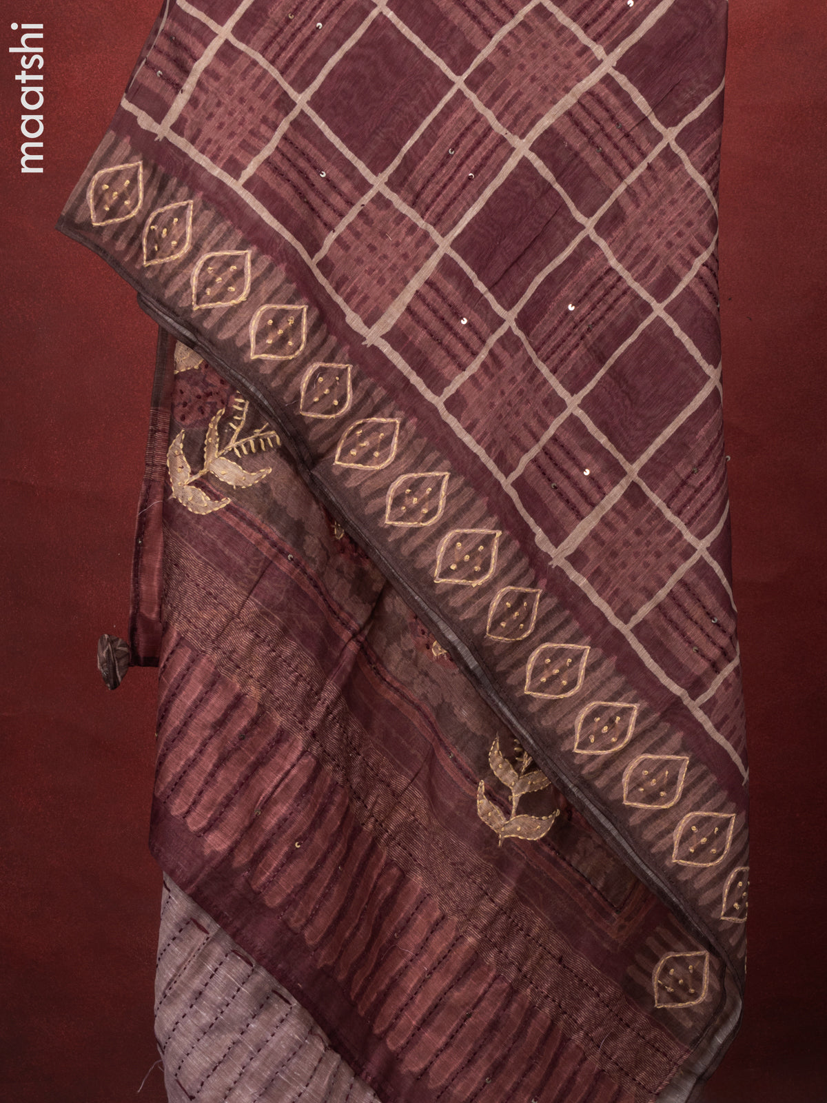 Chanderi dress material dark brown shade with kantha stitch work and bottom & kantha stitch work dupatta