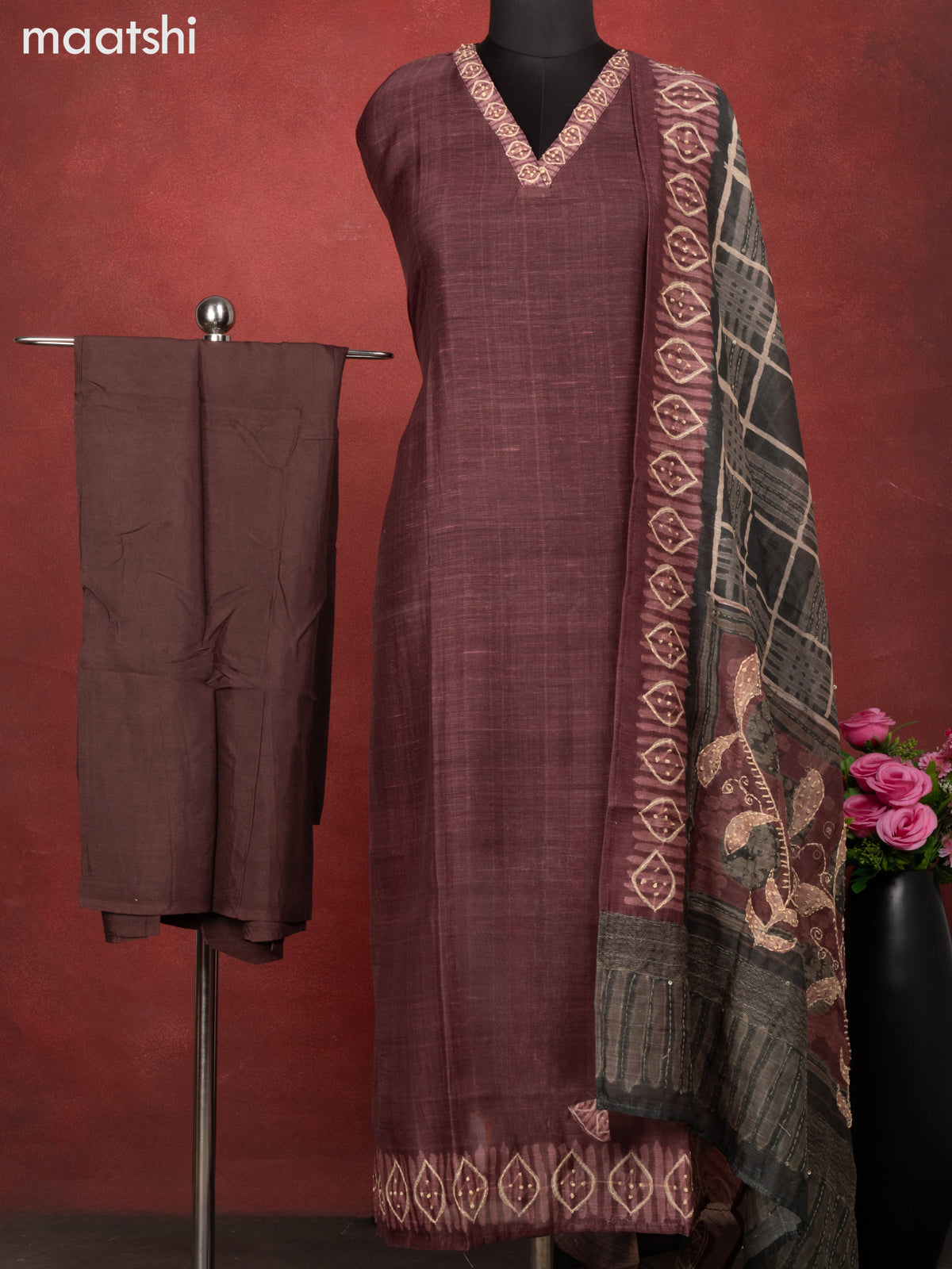 Chanderi dress material coffee brown with kantha stitch work and bottom & kantha stitch work dupatta