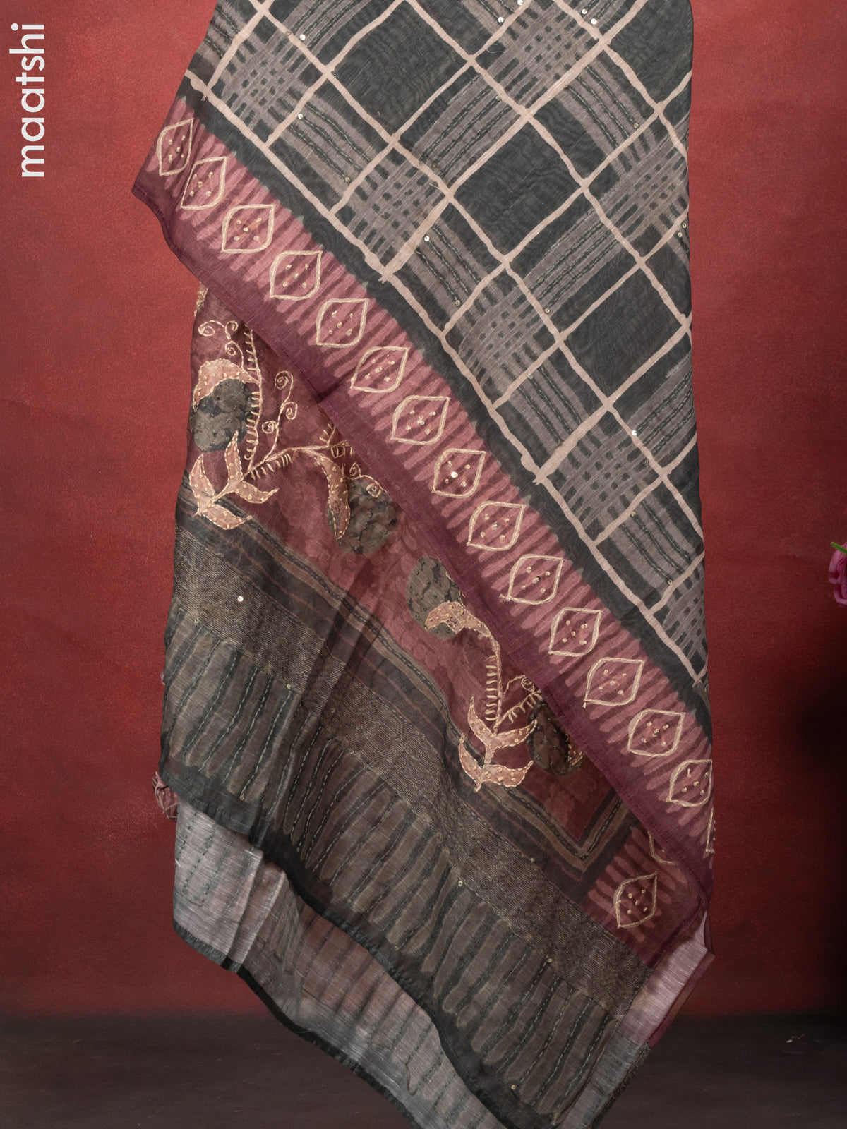 Chanderi dress material coffee brown with kantha stitch work and bottom & kantha stitch work dupatta