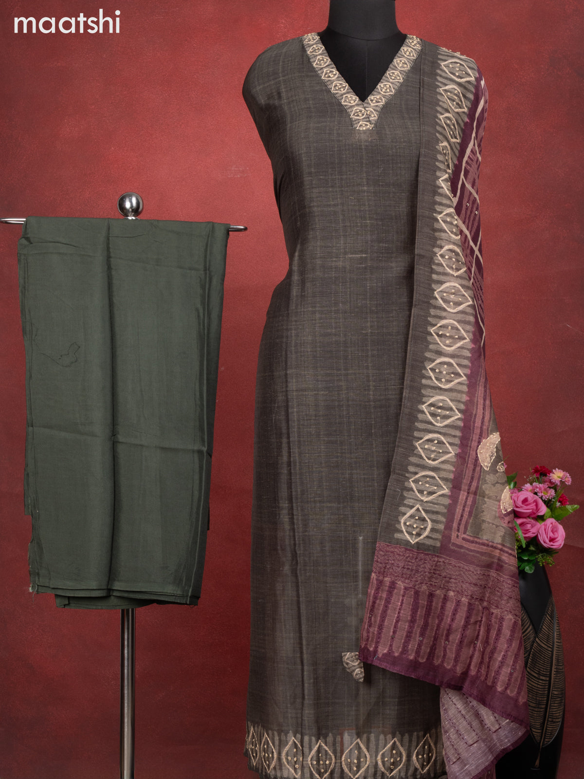Chanderi dress material sap green with kantha stitch work and bottom & kantha stitch work dupatta