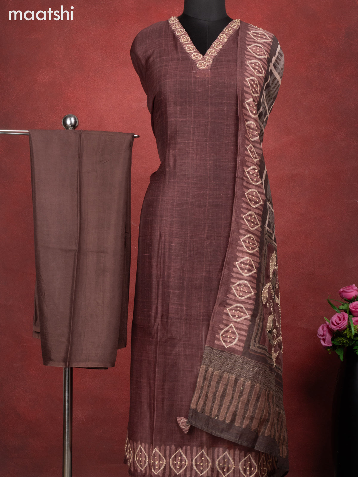 Chanderi dress material coffee brown with kantha stitch work and bottom & kantha stitch work dupatta