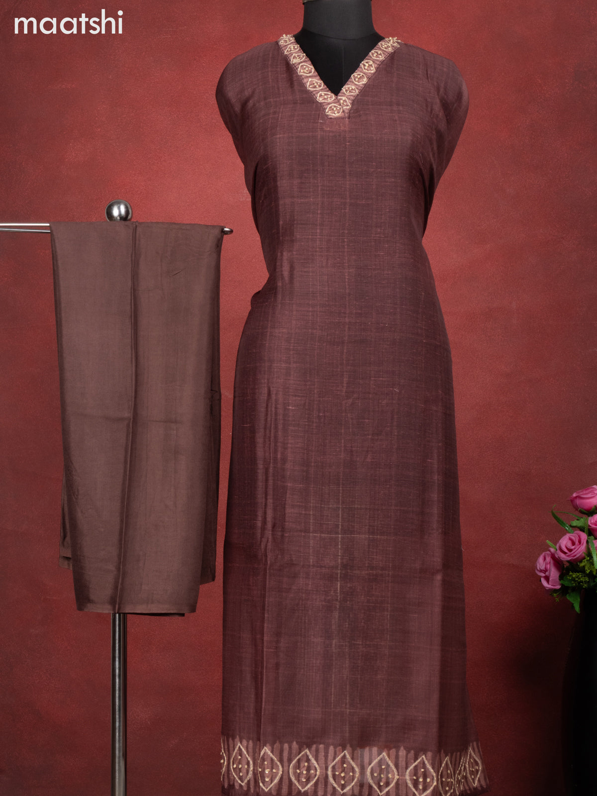 Chanderi dress material coffee brown with kantha stitch work and bottom & kantha stitch work dupatta