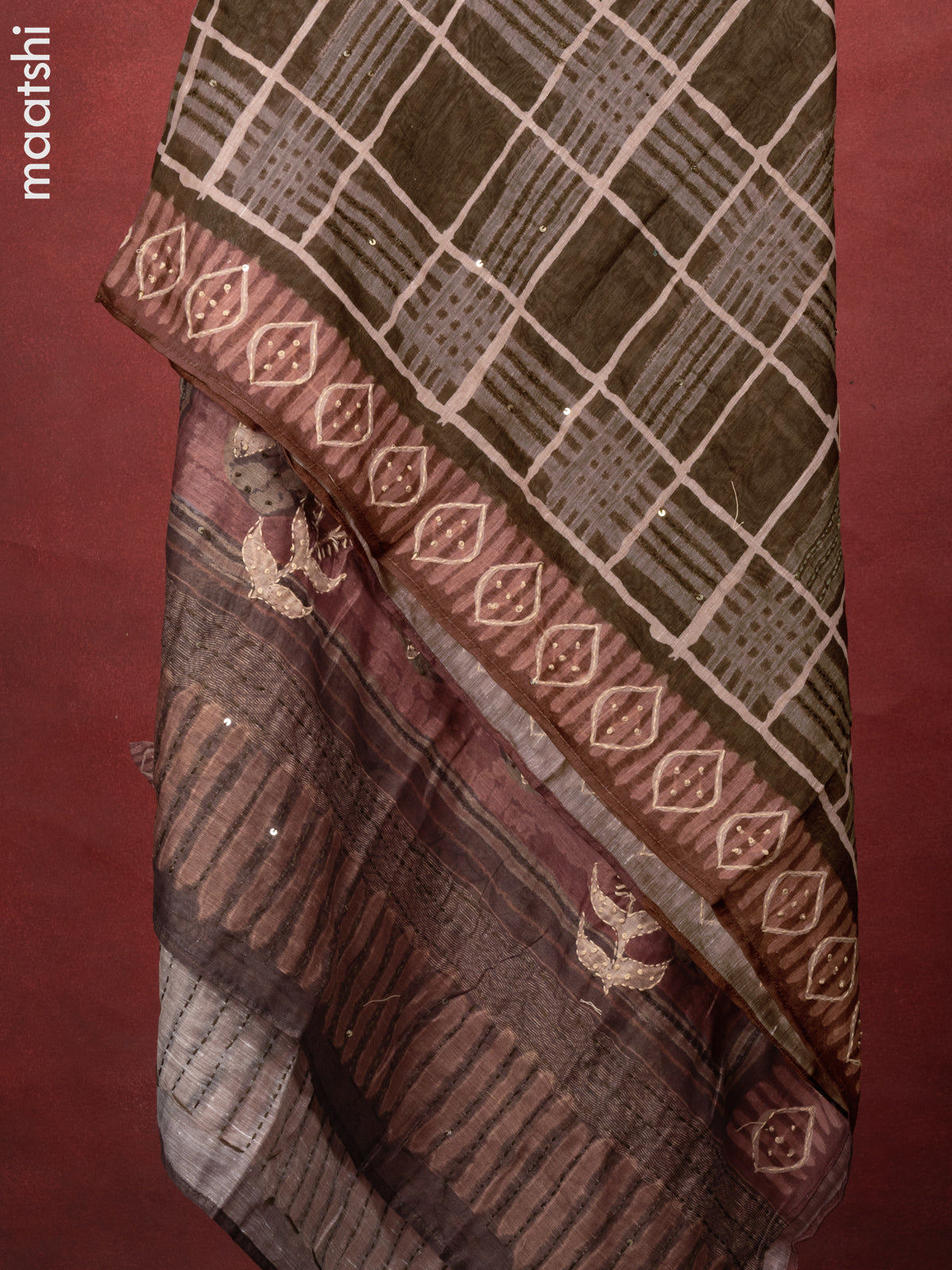 Chanderi dress material coffee brown with kantha stitch work and bottom & kantha stitch work dupatta