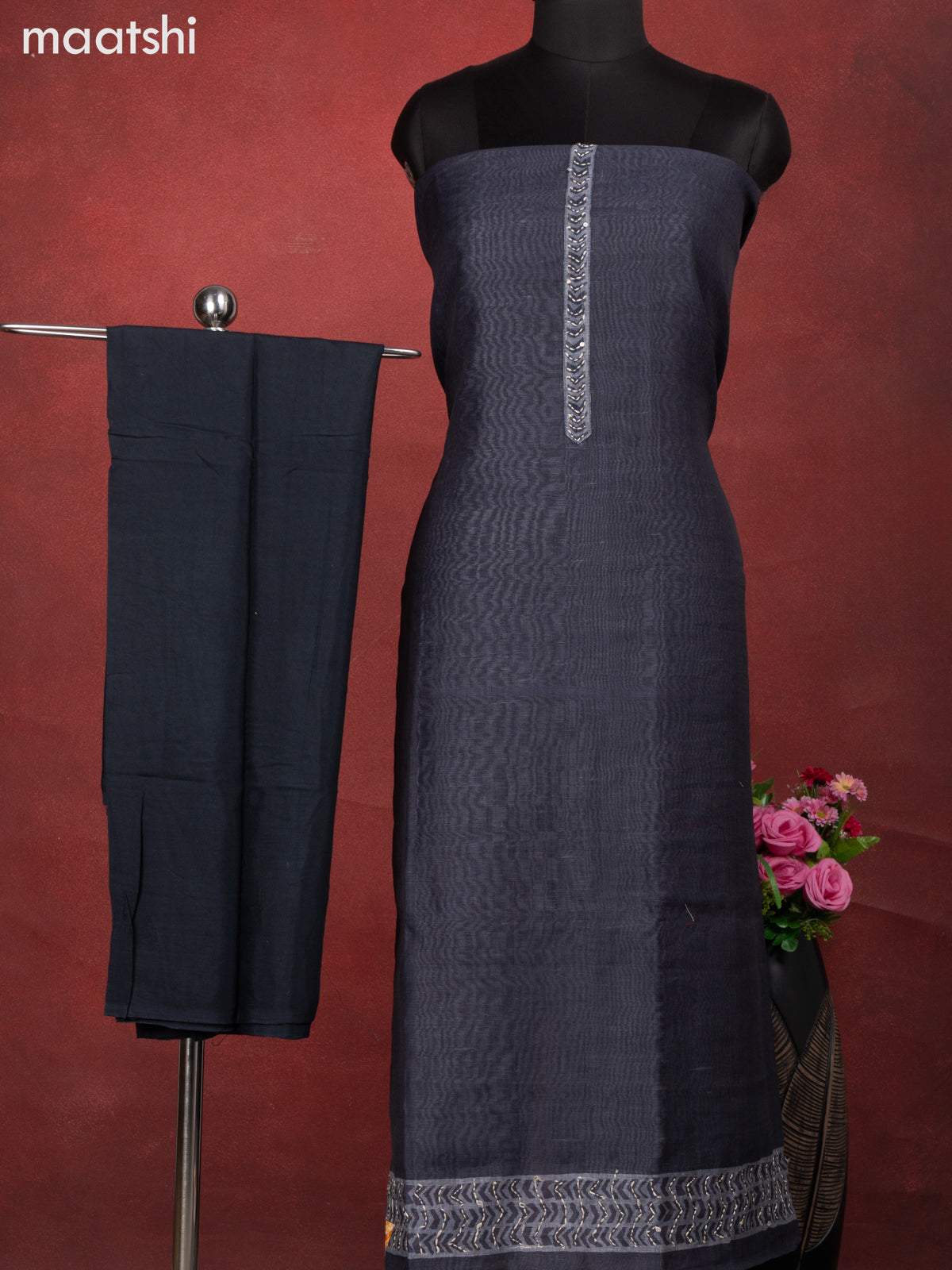 Chanderi dress material elephant grey with kantha stitch work and bottom & kantha stitch work dupatta