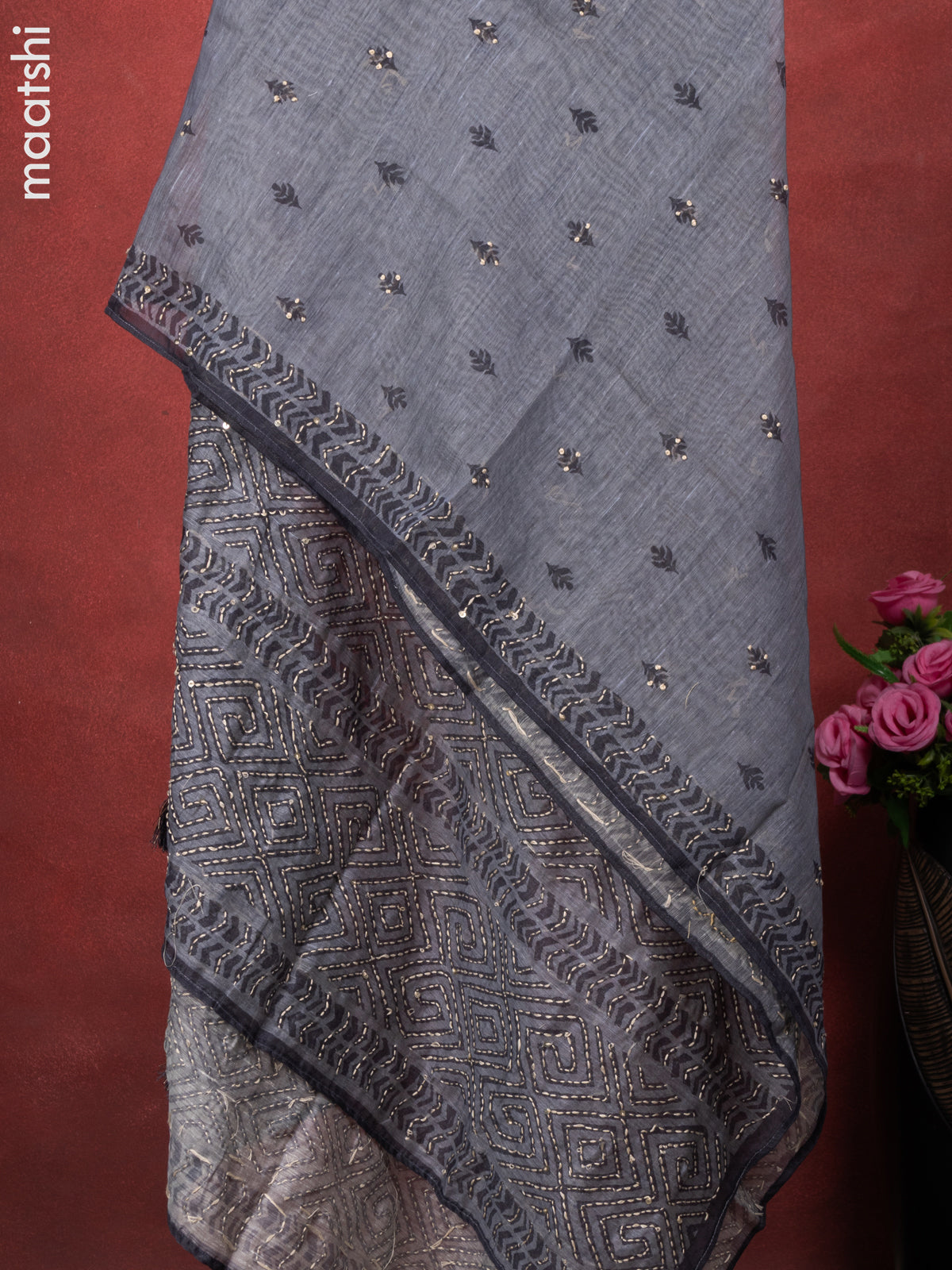 Chanderi dress material elephant grey with kantha stitch work and bottom & kantha stitch work dupatta